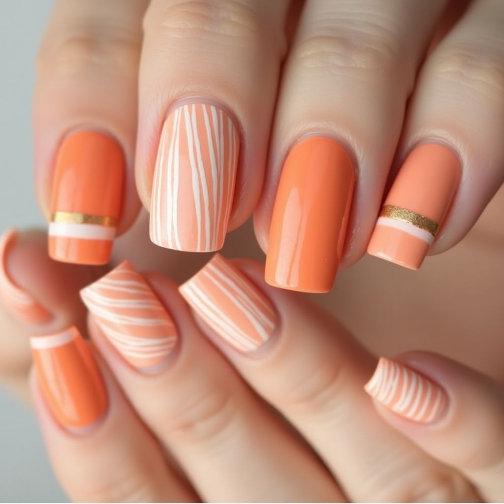 Peach Stripes And Lines Nail Design