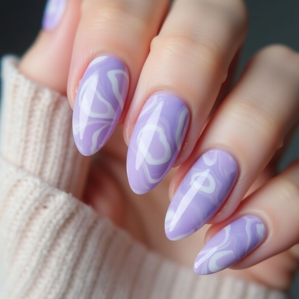 Pastel Purple Water Marbling Nail Design
