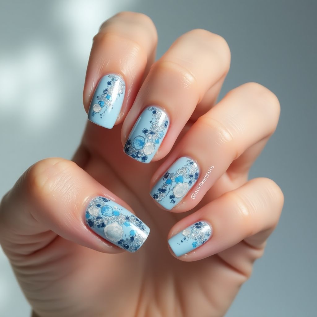 Baby Blue Freehand Art Nail Design