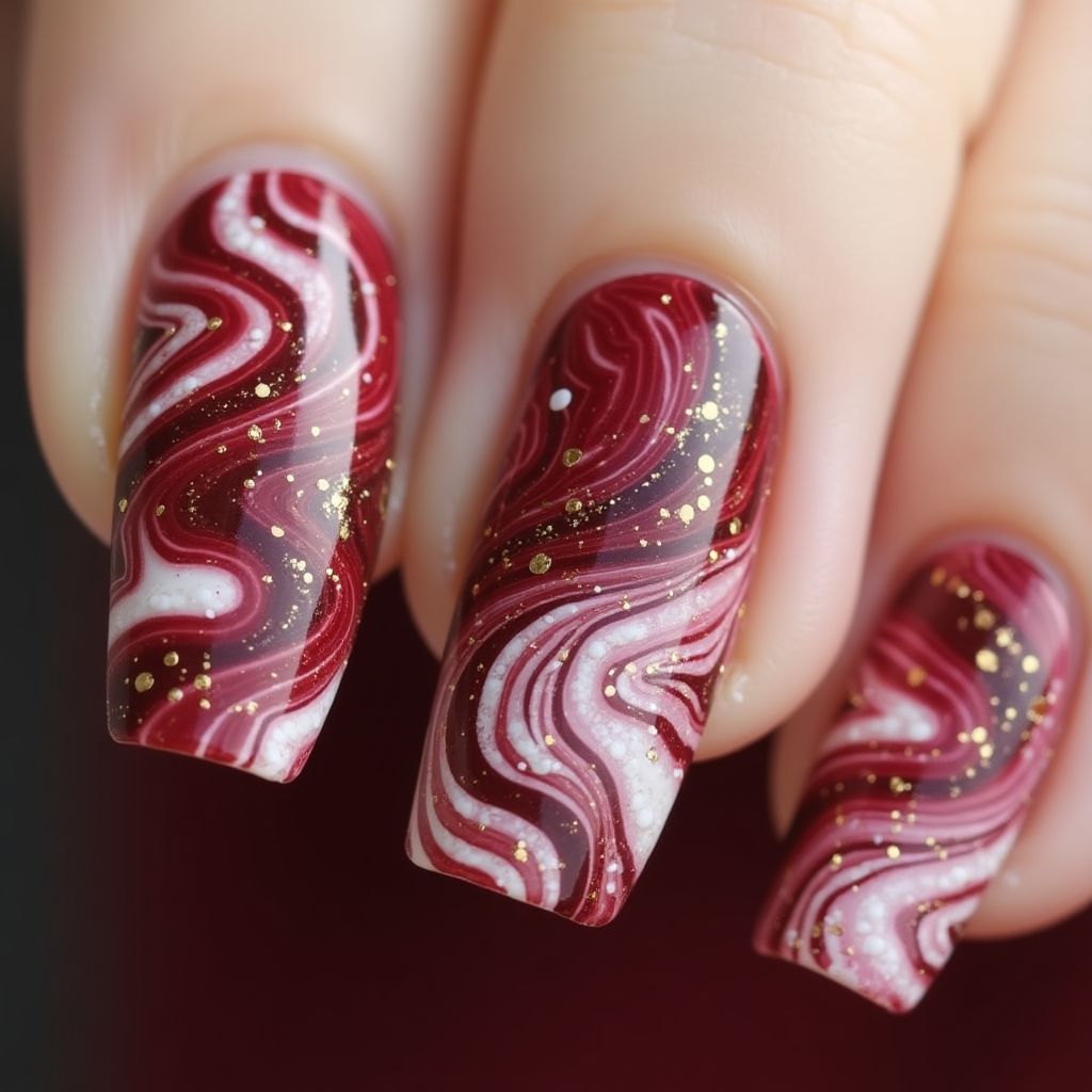 Burgundy Water Marbling Nail Design