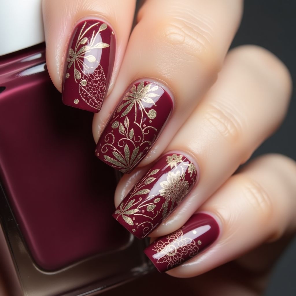Wine Freehand Art Nail Design