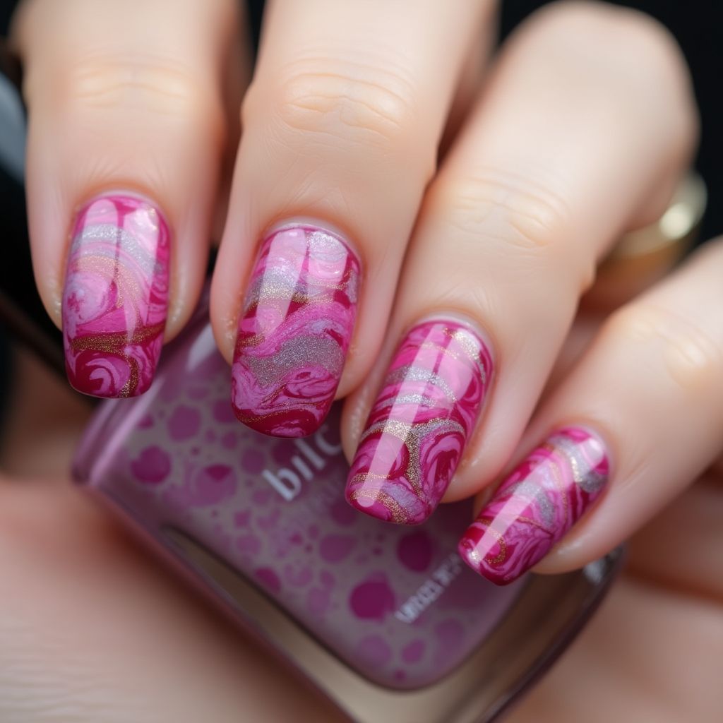 Fuchsia Water Marbling Nail Design