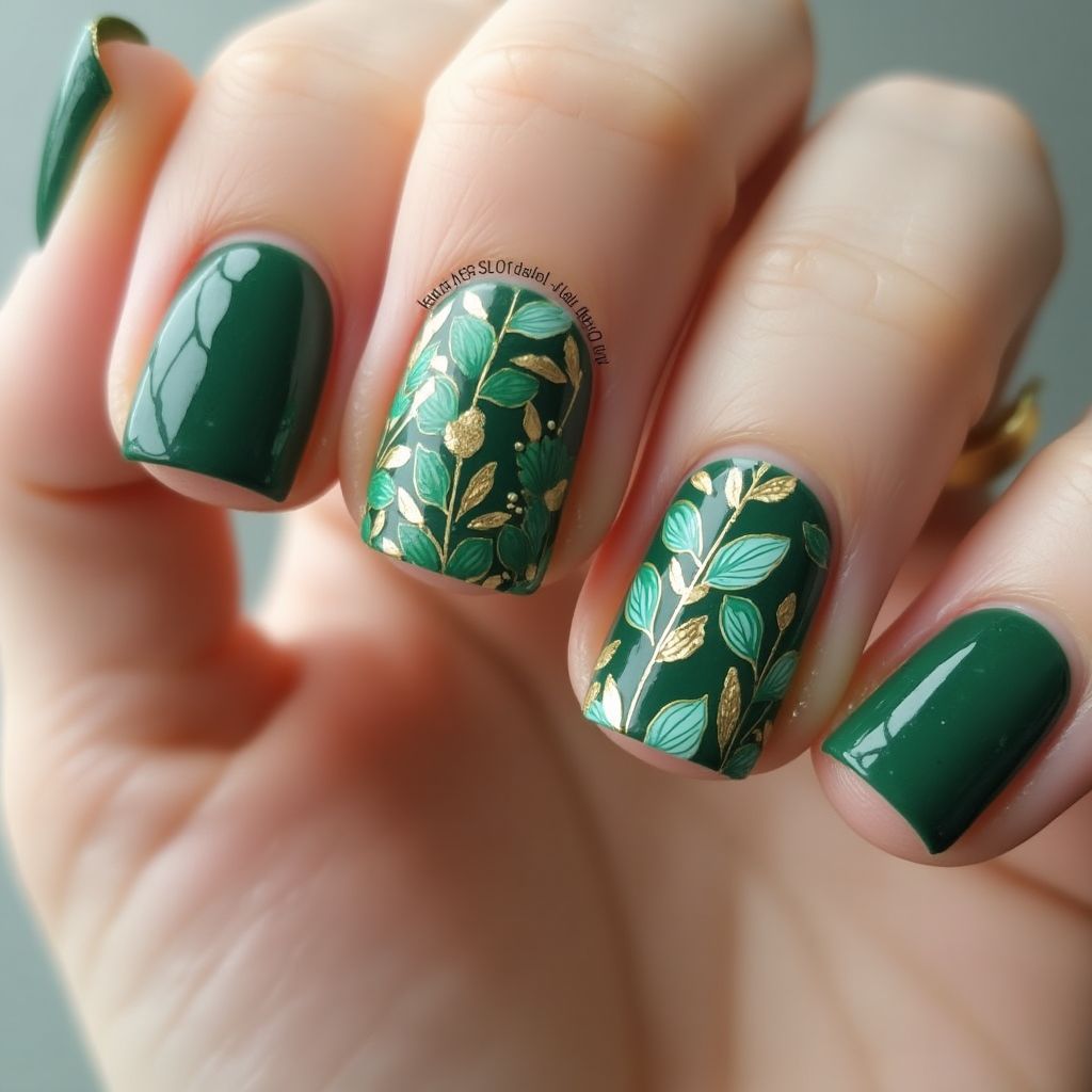 Green Freehand Art Nail Design