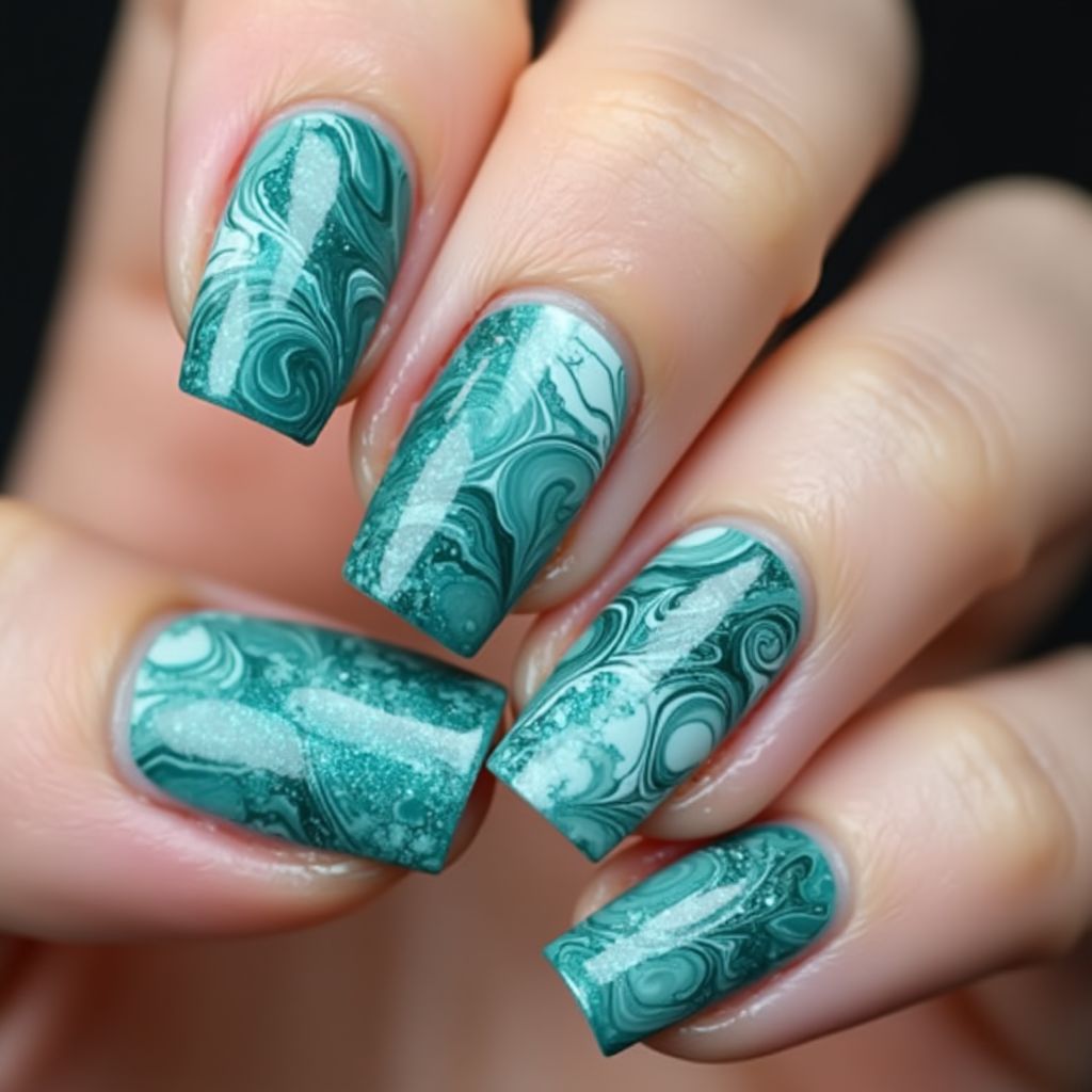 Teal Water Marbling Nail Design