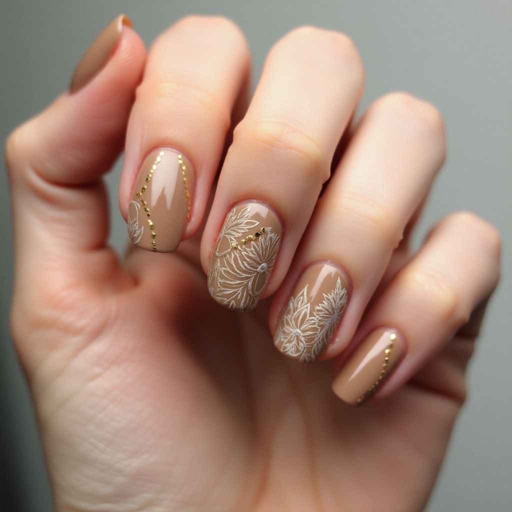 Tan Freehand Art Nail Design
