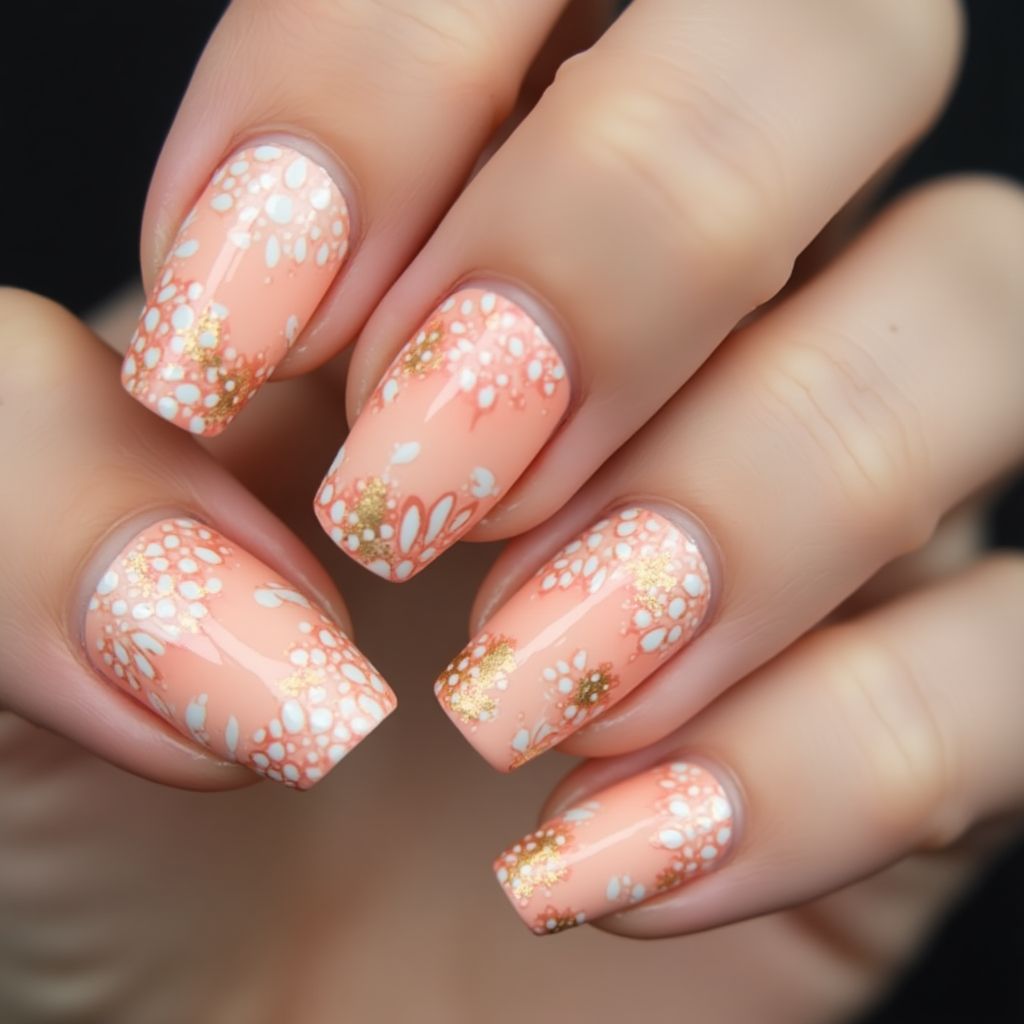 Peach Freehand Art Nail Design