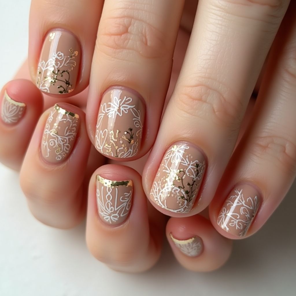 Tan Freehand Art Nail Design