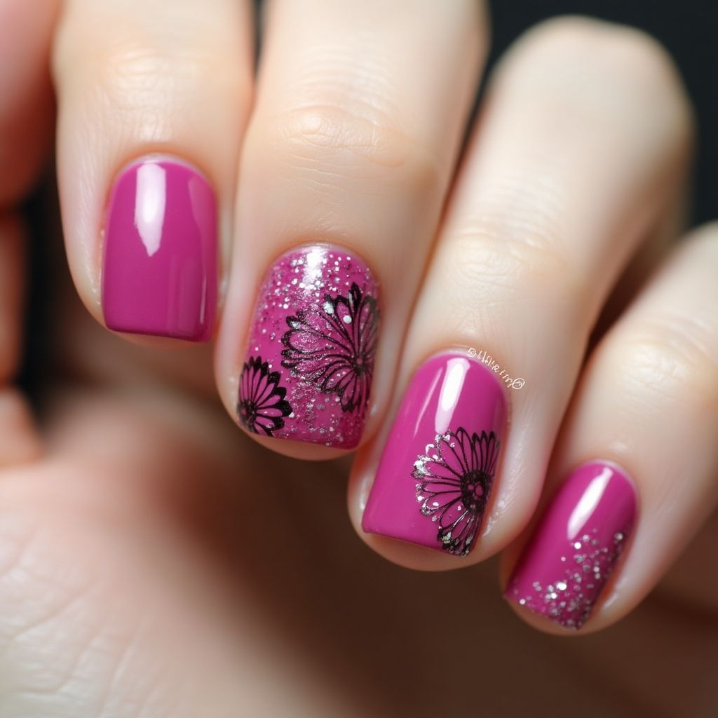 Fuchsia Freehand Art Nail Design