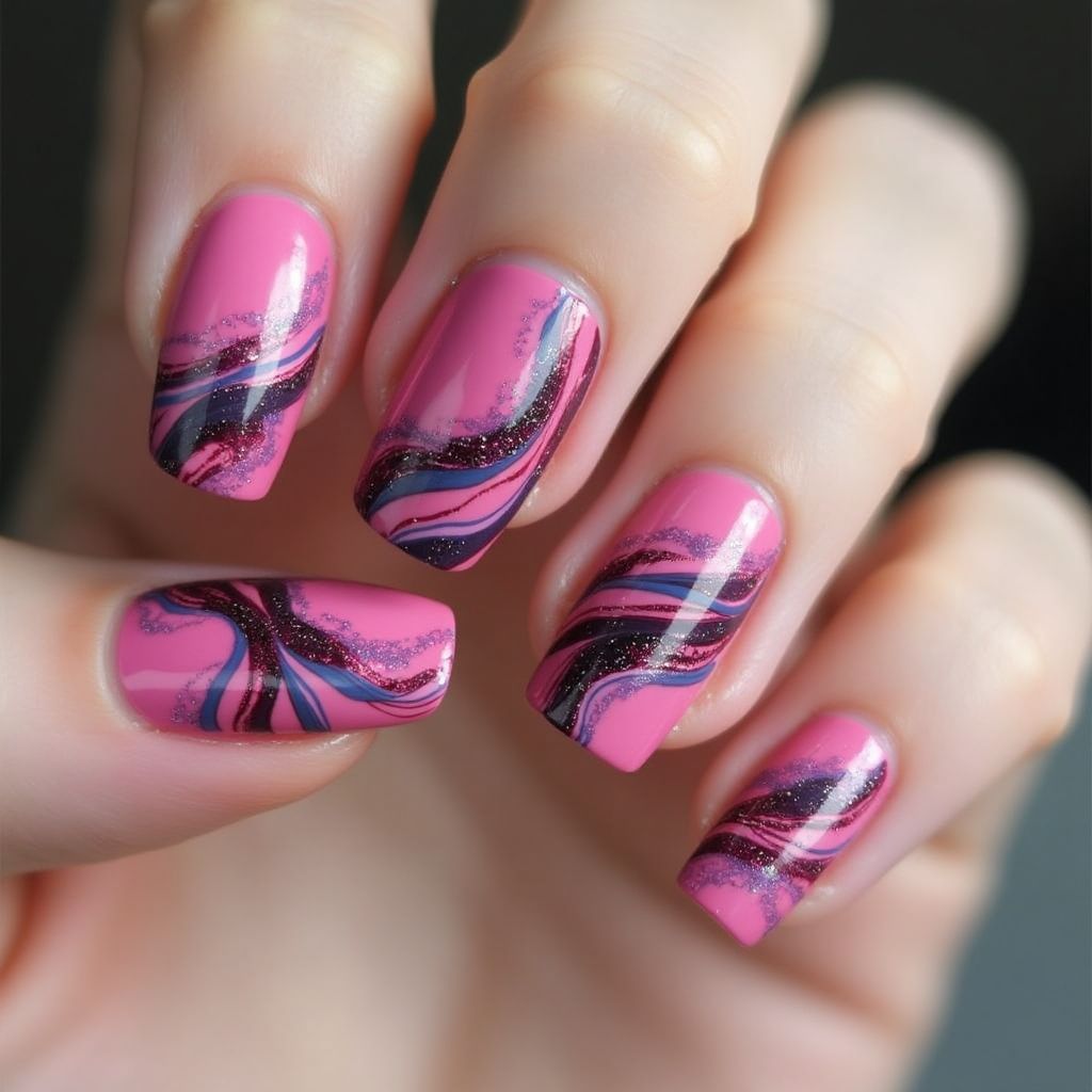 Fuchsia Water Marbling Nail Design