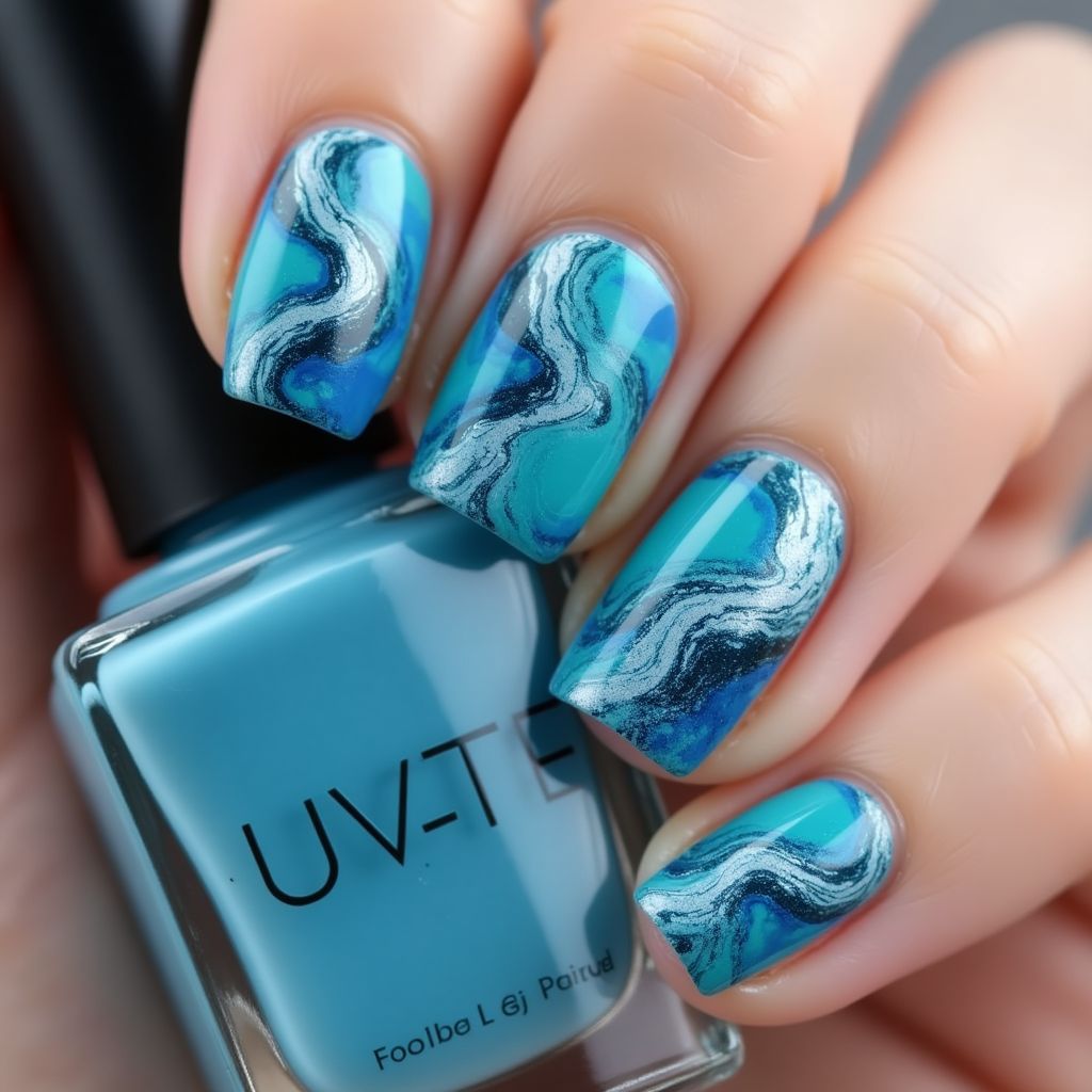 Blue Water Marbling Nail Design