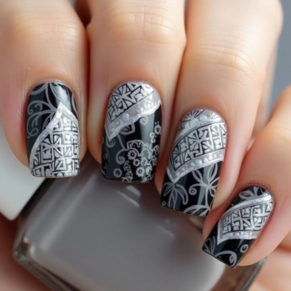 Charcoal Gray Freehand Art Nail Design