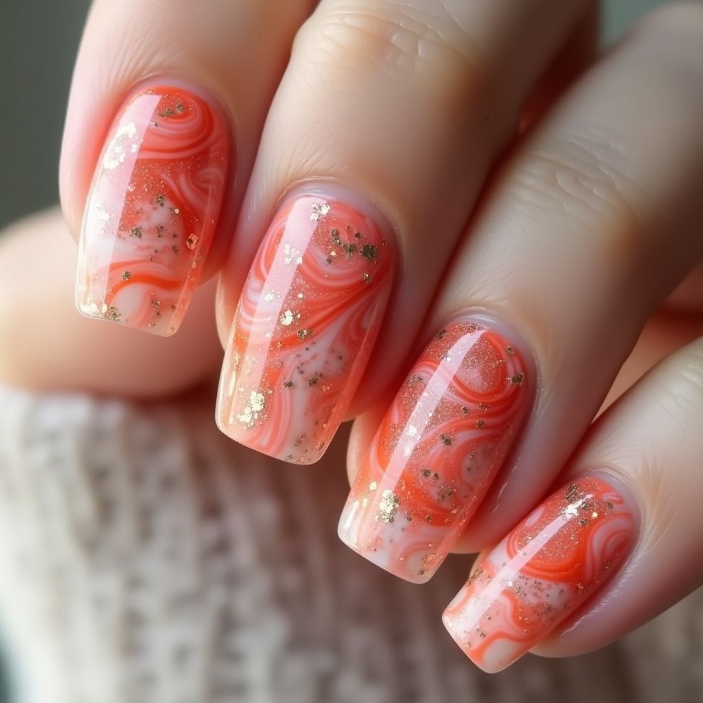 Coral Water Marbling Nail Design