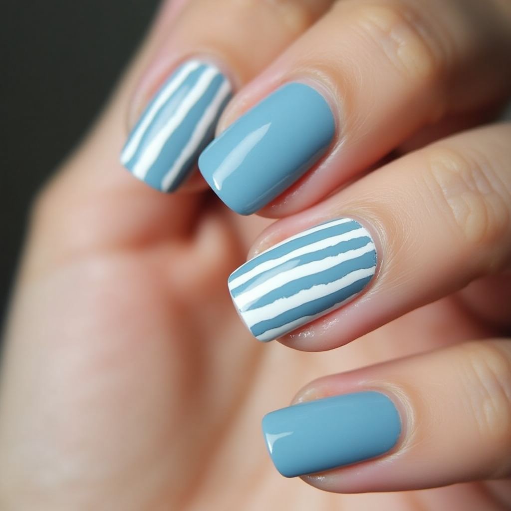 Sky Blue Stripes And Lines Nail Design