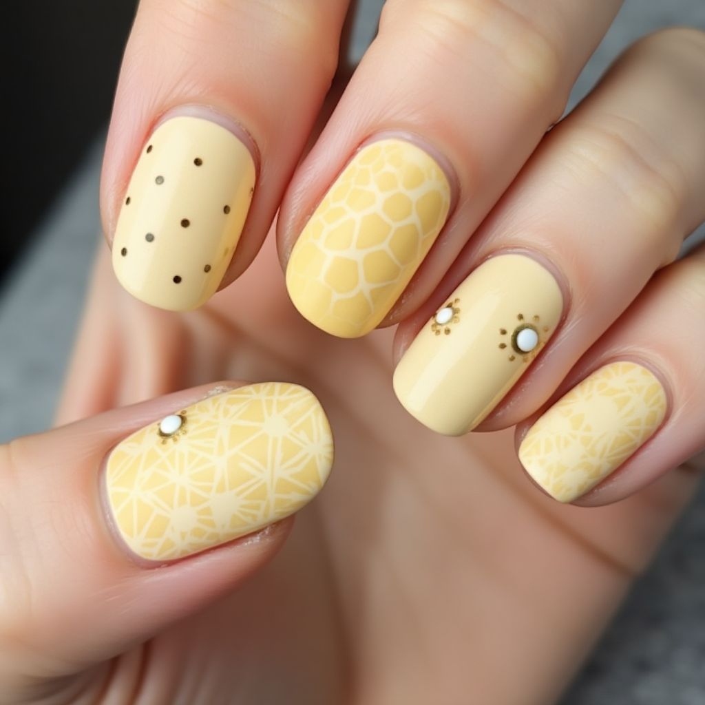 Pastel Yellow Dotting Nail Design
