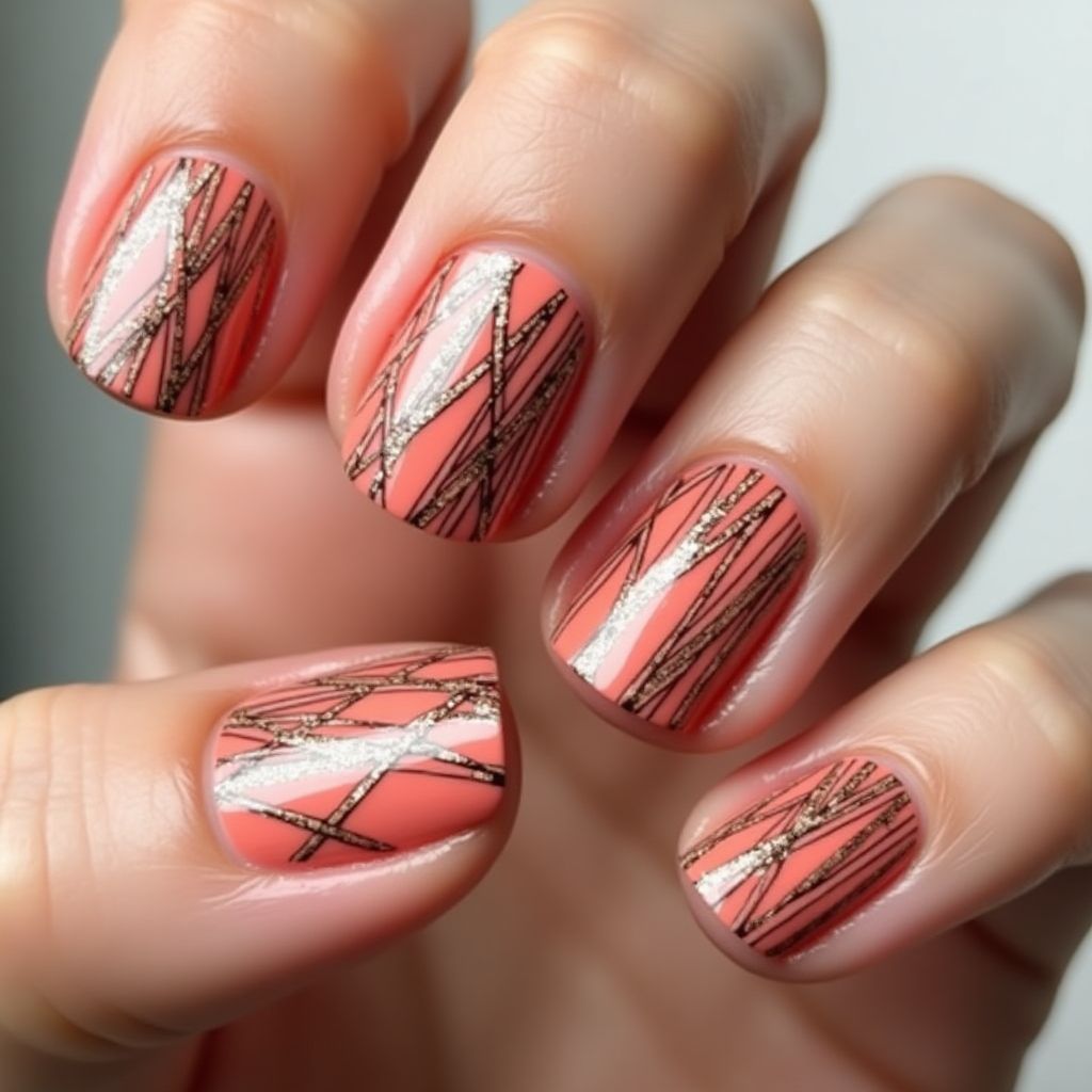 Coral Stripes And Lines Nail Design