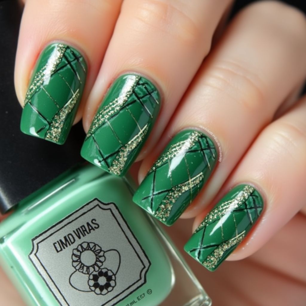 Emerald Green Stripes And Lines Nail Design