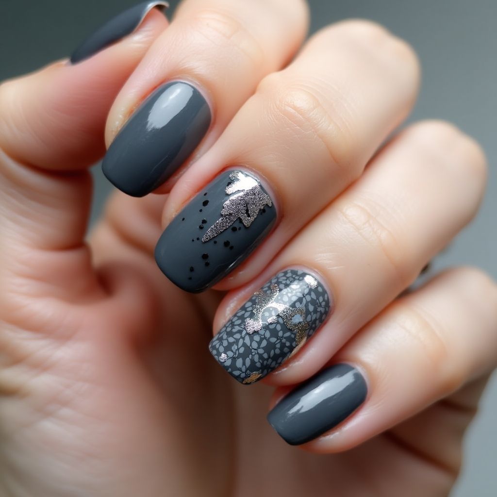 Charcoal Gray Freehand Art Nail Design