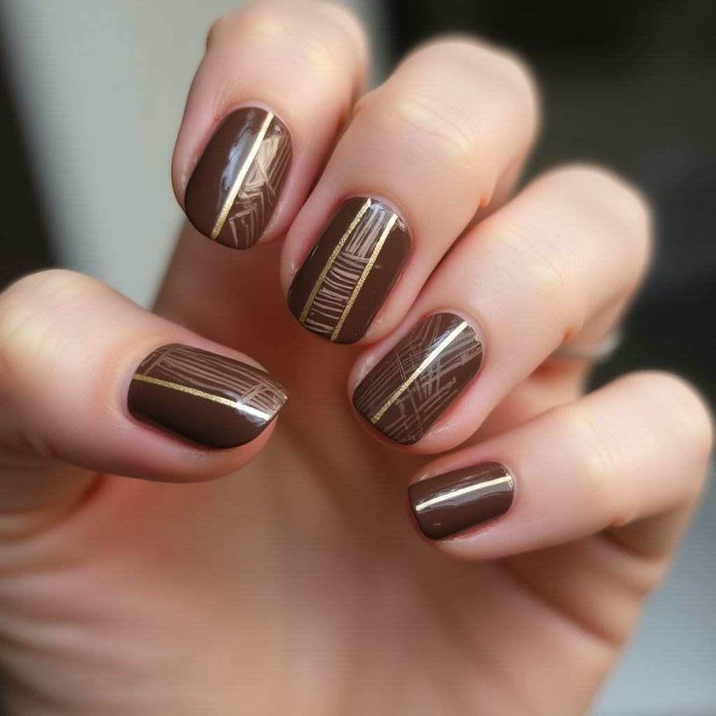 Chocolate Brown Stripes And Lines Nail Design