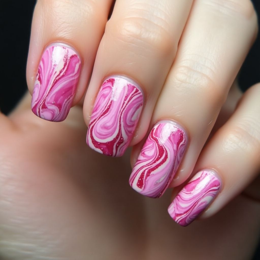 Hot Pink Water Marbling Nail Design