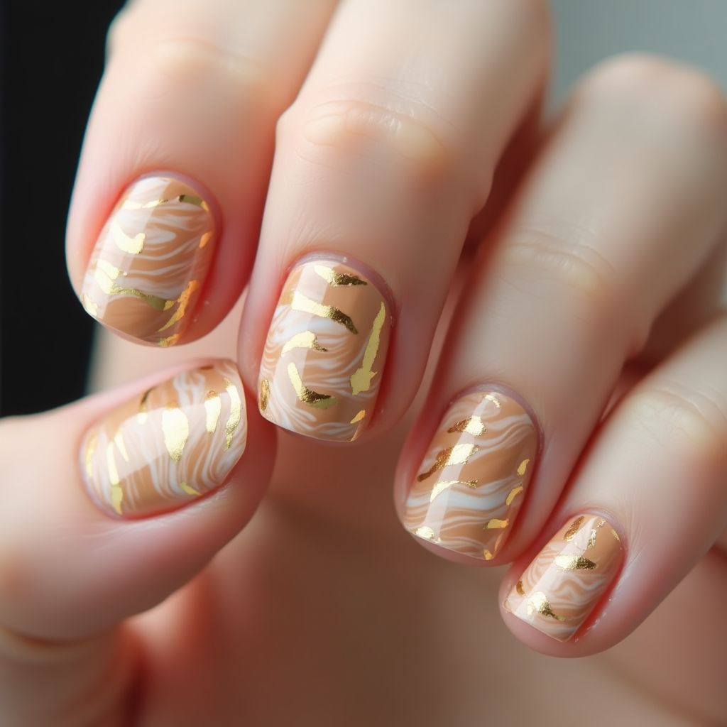 Tan Water Marbling Nail Design