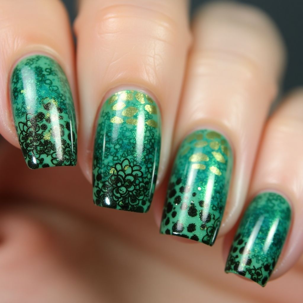Green Freehand Art Nail Design