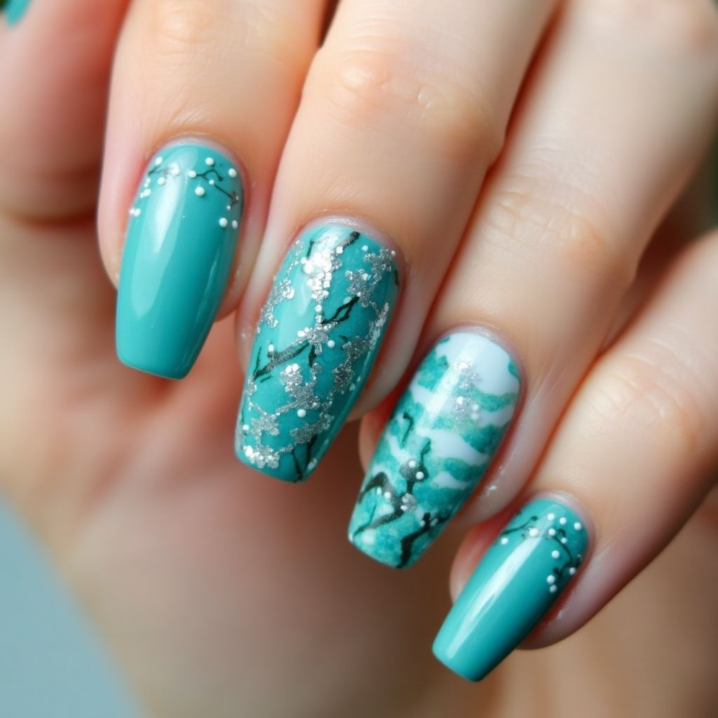 Teal Freehand Art Nail Design