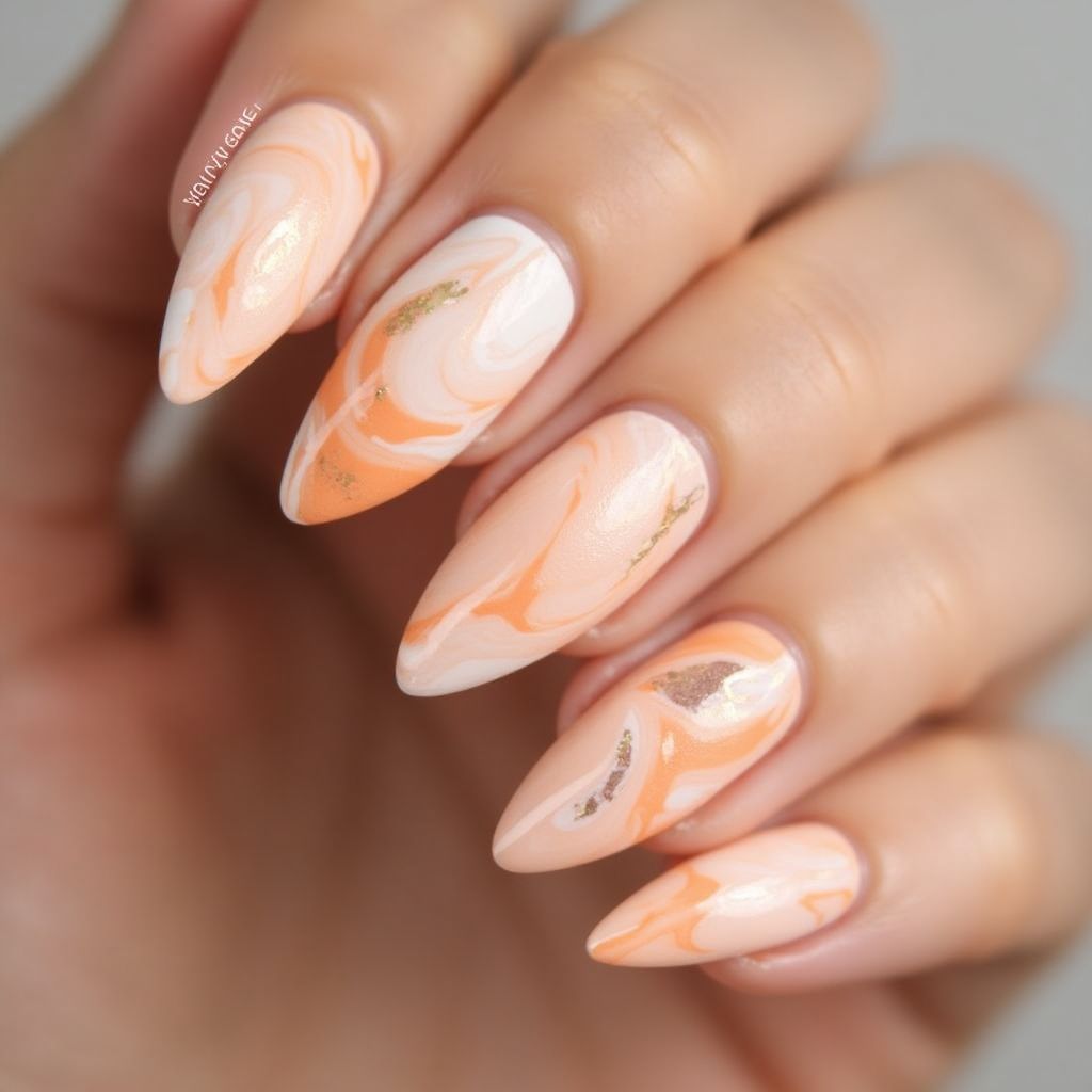 Peach Water Marbling Nail Design