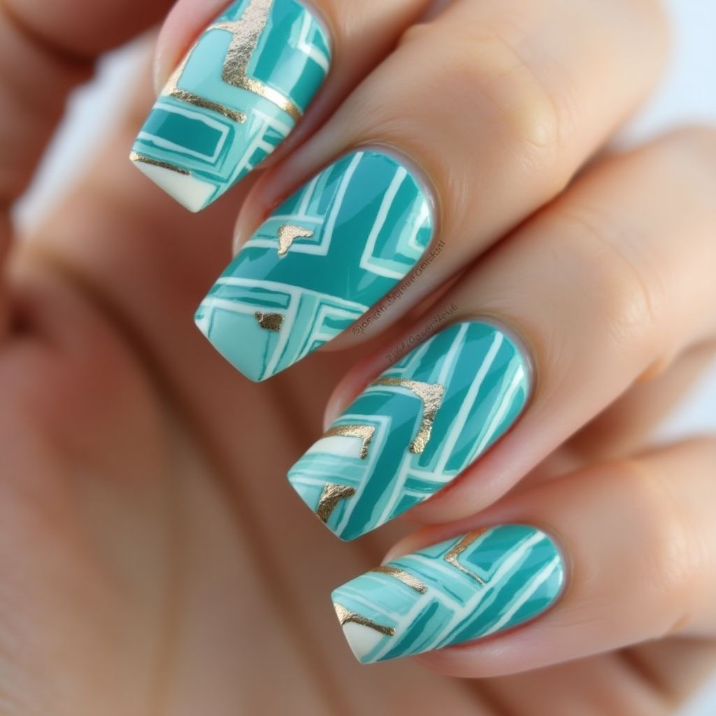 Turquoise Stripes And Lines Nail Design