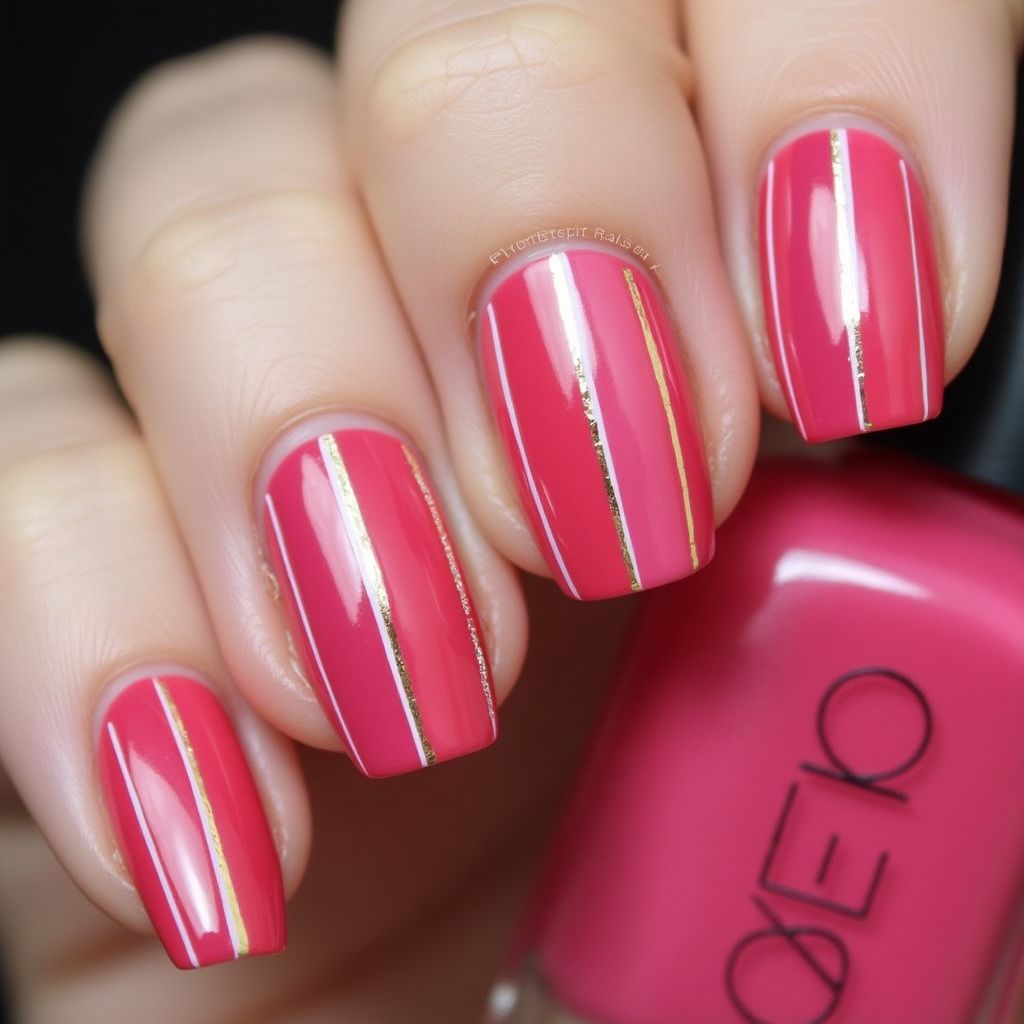 Hot Pink Stripes And Lines Nail Design