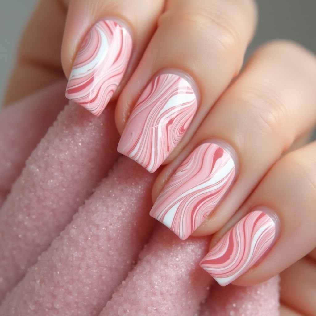 Baby Pink Water Marbling Nail Design