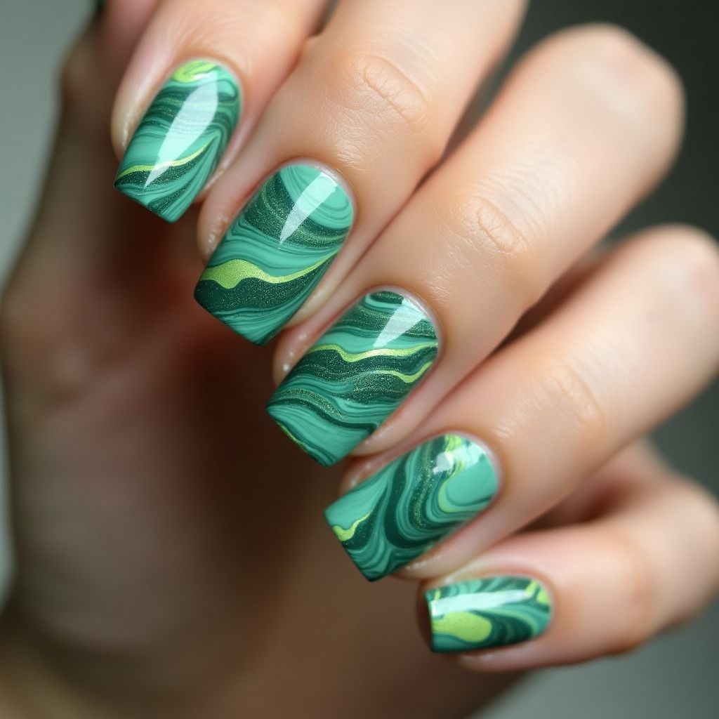 Green Water marbling Nail Design
