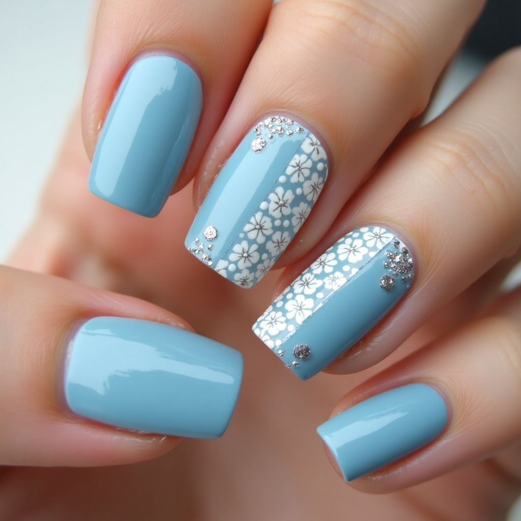 Baby Blue Freehand Art Nail Design
