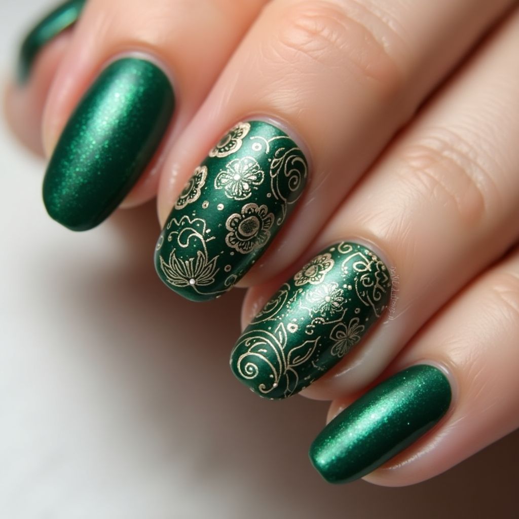 Emerald Green Freehand Art Nail Design