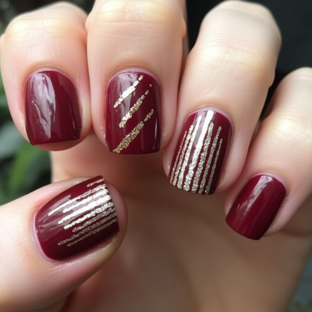 Burgundy Stripes And Lines Nail Design