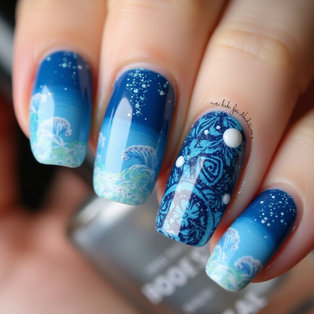 Blue Freehand Art Nail Design
