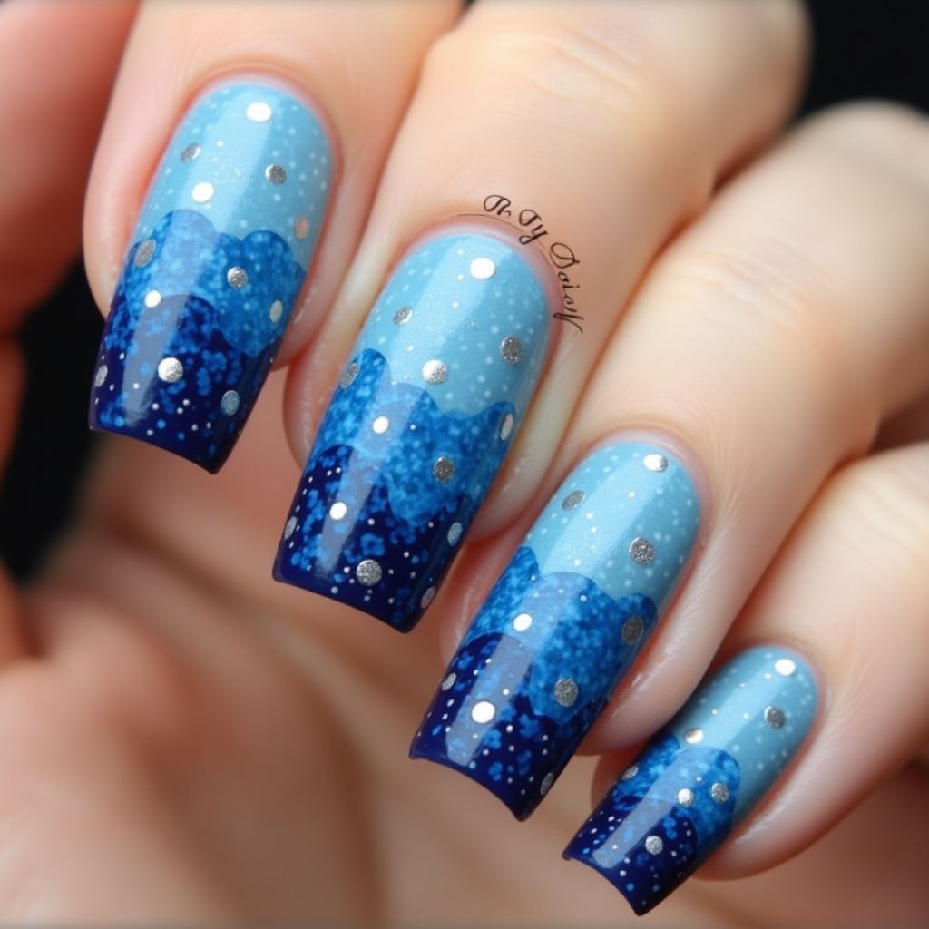 Blue Dotting Nail Design