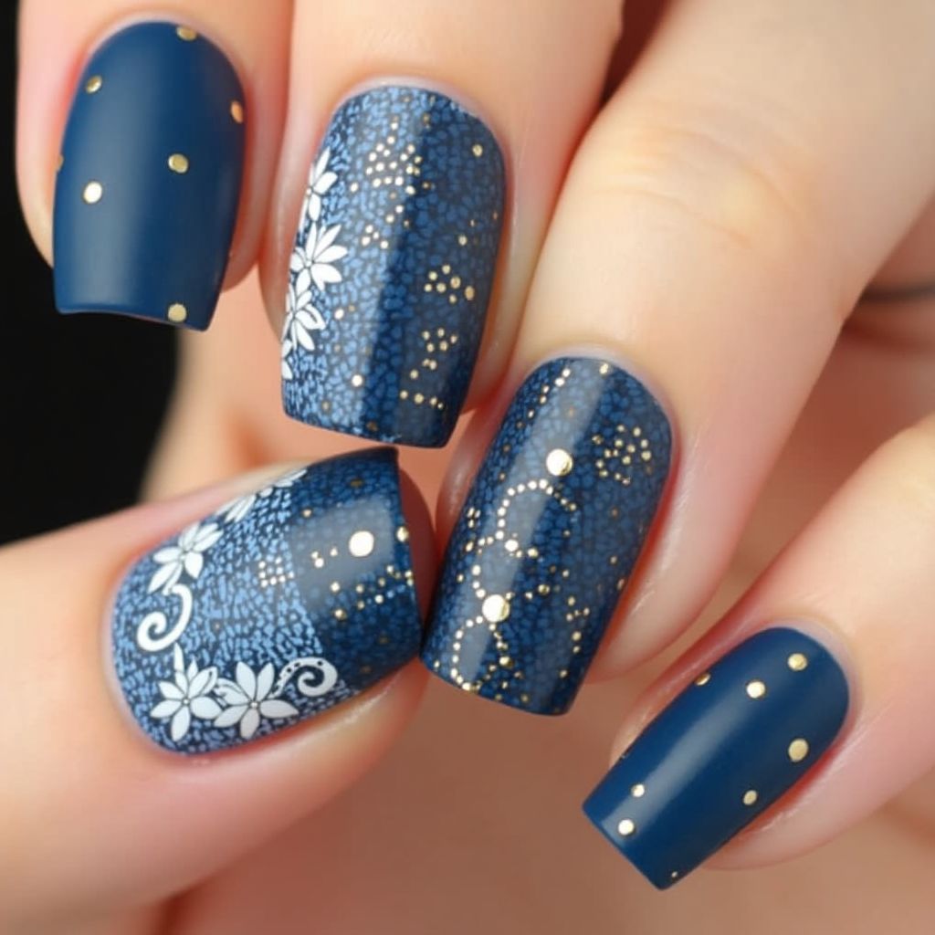 Navy blue Freehand art Nail Design