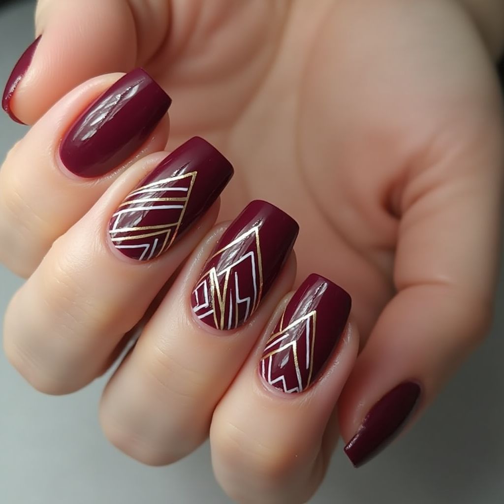 Burgundy Stripes And Lines Nail Design