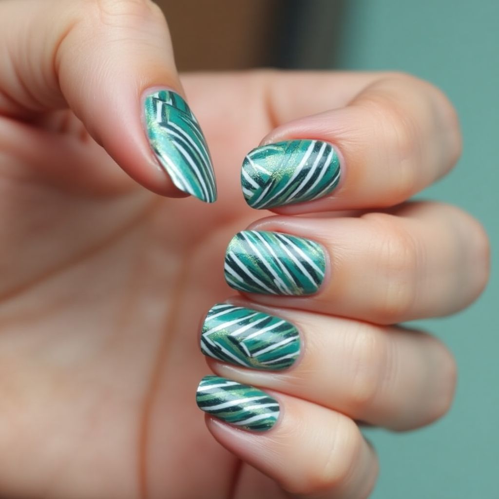 Teal Stripes And Lines Nail Design
