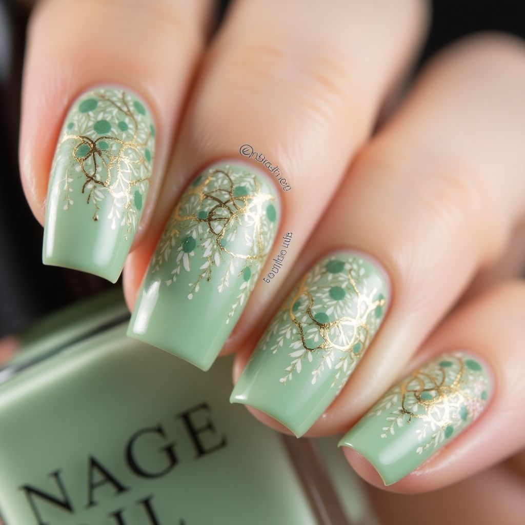 Pastel Green Freehand Art Nail Design