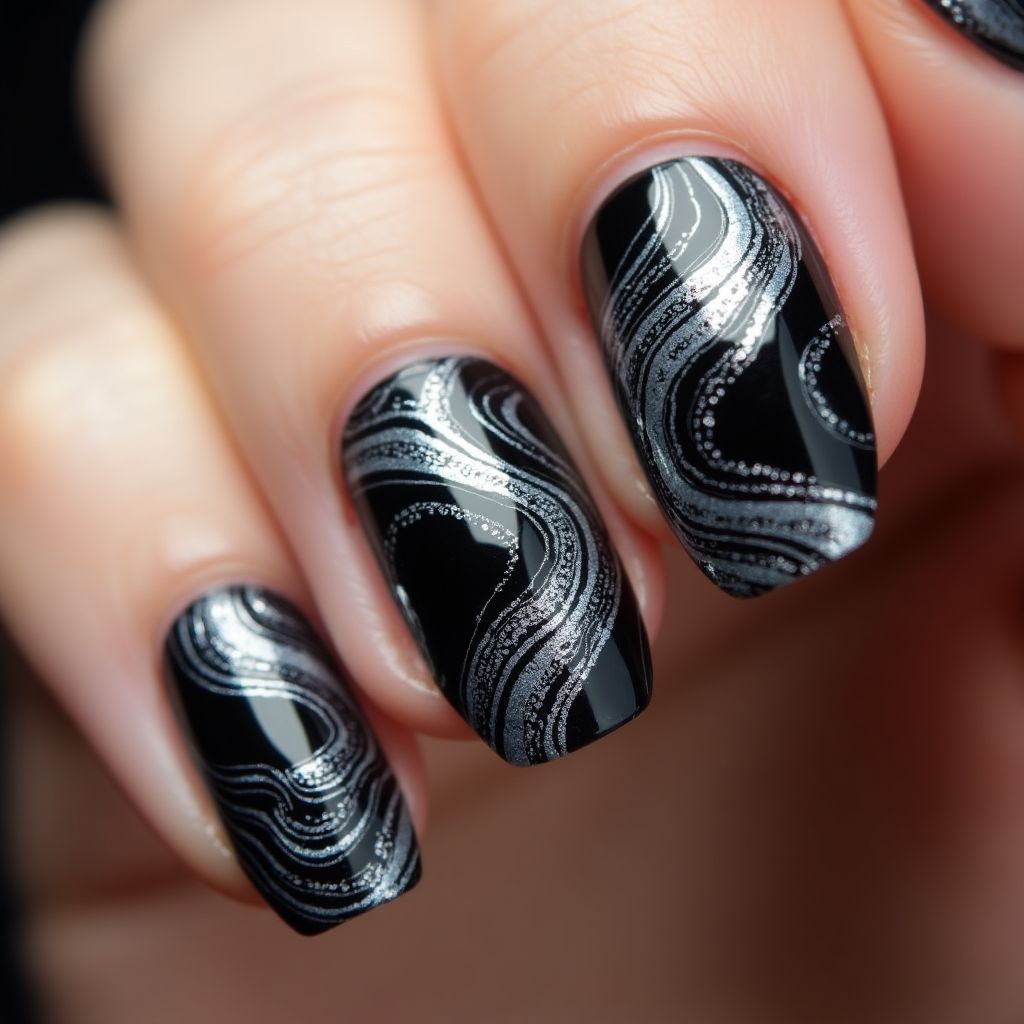 Black Water Marbling Nail Design