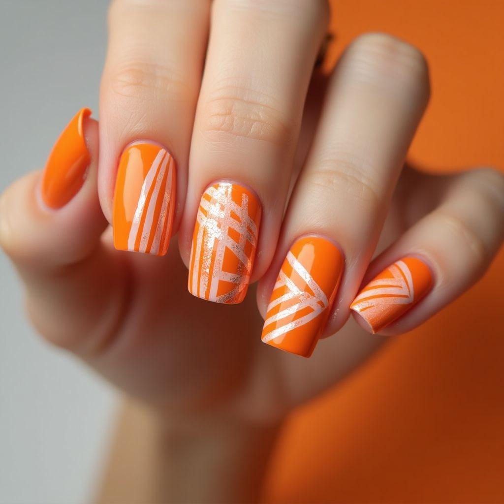 Orange Stripes And Lines Nail Design