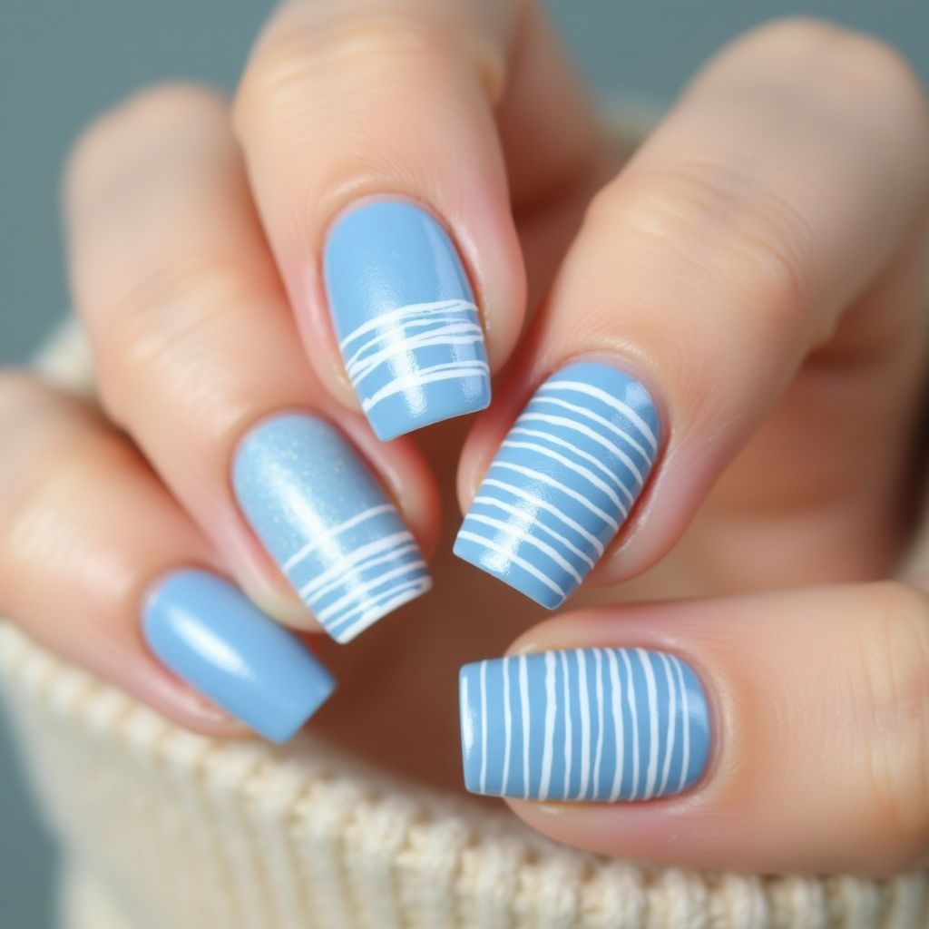 Pastel Blue Stripes And Lines Nail Design