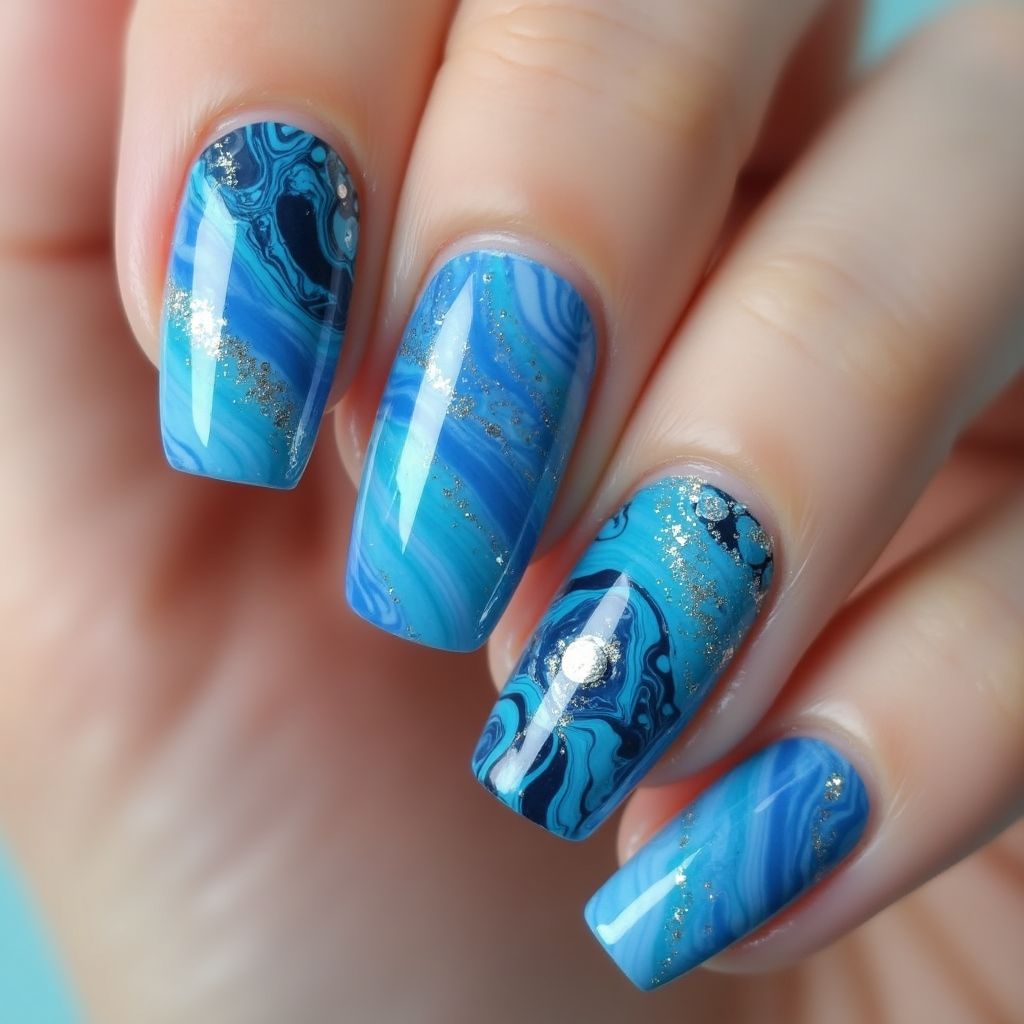 Blue Water Marbling Nail Design