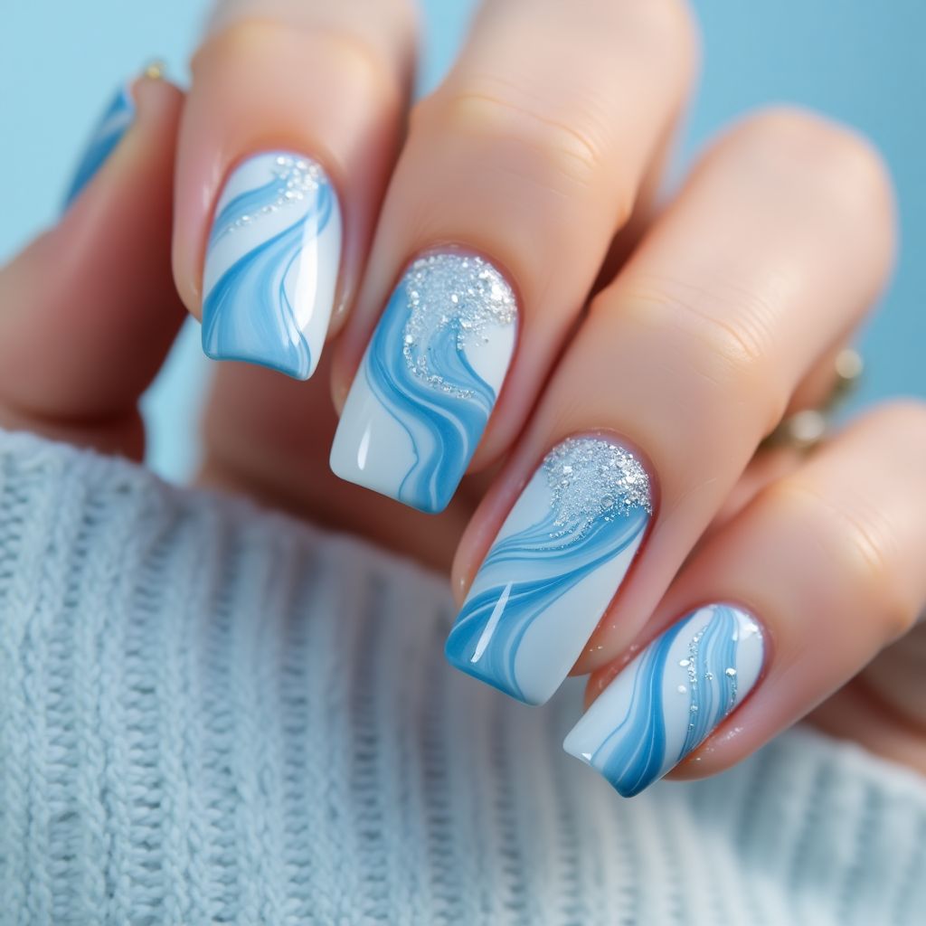 Baby blue Water marbling Nail Design
