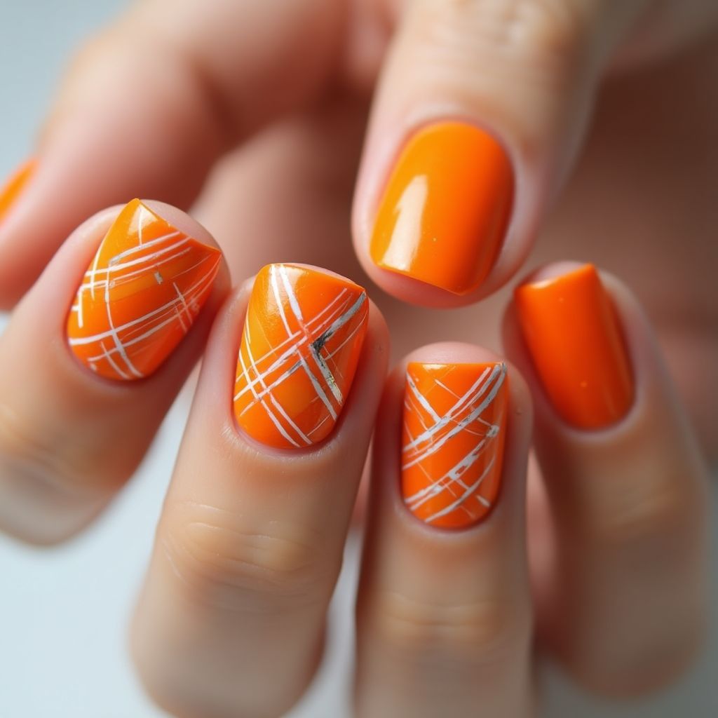 Orange Stripes And Lines Nail Design