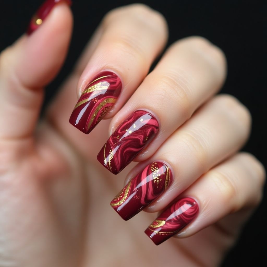 Burgundy Water Marbling Nail Design