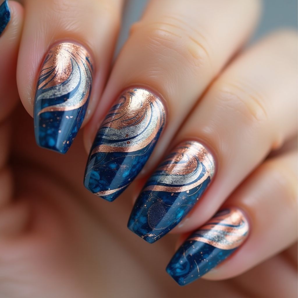 Copper Water Marbling Nail Design