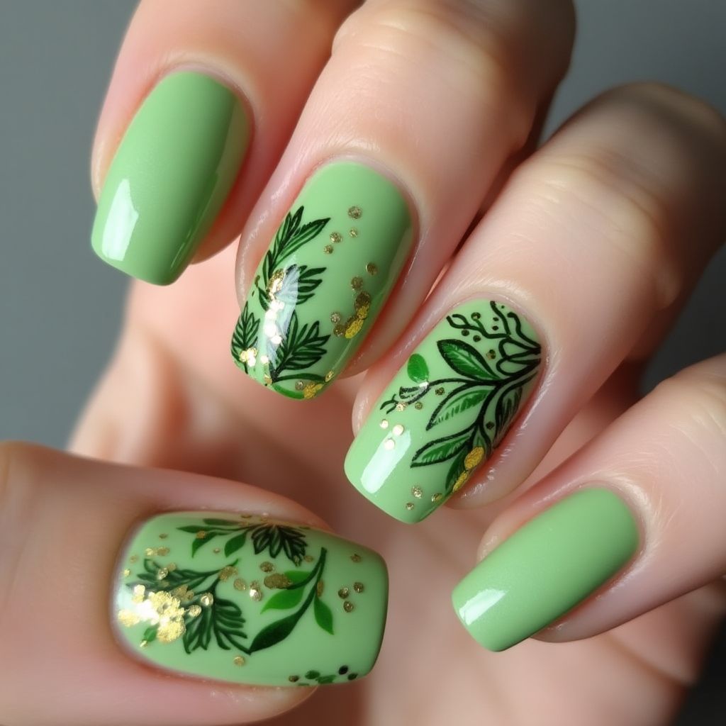 Green Freehand Art Nail Design