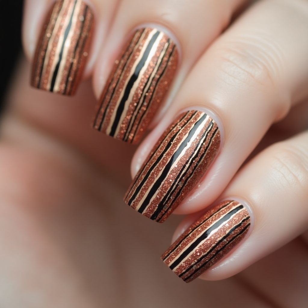 Bronze Stripes And Lines Nail Design